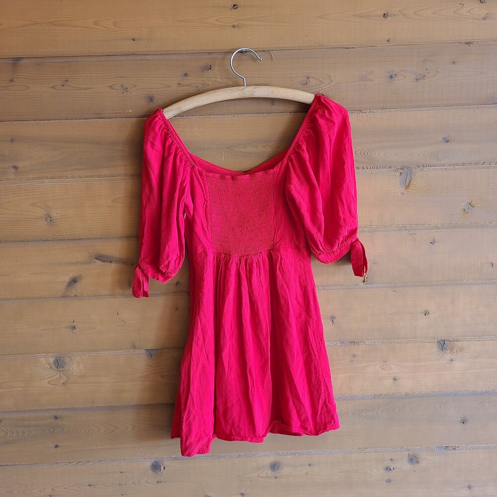 Forever21 Faux Button Front Tie Sleeve Smock Back Fit Flare Mini Dress Small - Picture 3 of 4